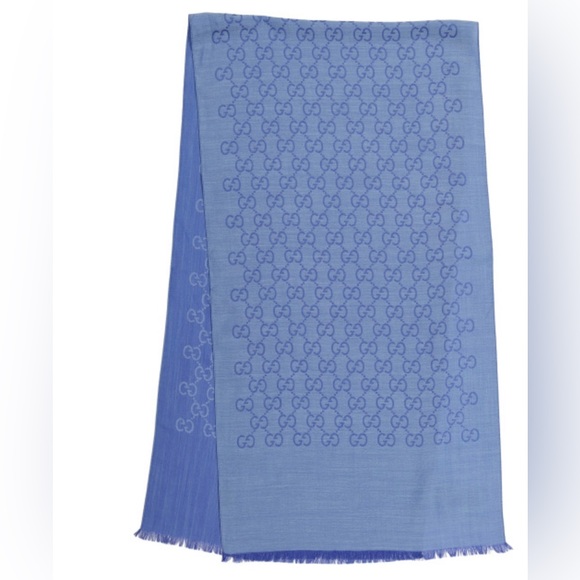 **SOLD** Authentic GUCCI light Blue & Periwinkle Wool And Silk Logo Scarf NWT - Picture 7 of 9